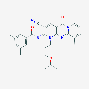 molecular formula C28H29N5O3 B356808 N-[5-Cyano-11-methyl-2-oxo-7-(3-propan-2-yloxypropyl)-1,7,9-triazatricyclo[8.4.0.03,8]tetradeca-3(8),4,9,11,13-pentaen-6-ylidene]-3,5-dimethylbenzamide CAS No. 846584-21-2