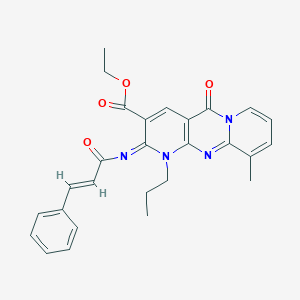 molecular formula C27H26N4O4 B356810 Ethyl 11-methyl-2-oxo-6-[(E)-3-phenylprop-2-enoyl]imino-7-propyl-1,7,9-triazatricyclo[8.4.0.03,8]tetradeca-3(8),4,9,11,13-pentaene-5-carboxylate CAS No. 846583-90-2