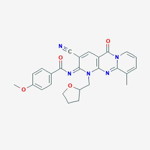 molecular formula C26H23N5O4 B356837 N-[5-Cyano-11-methyl-2-oxo-7-(oxolan-2-ylmethyl)-1,7,9-triazatricyclo[8.4.0.03,8]tetradeca-3(8),4,9,11,13-pentaen-6-ylidene]-4-methoxybenzamide CAS No. 847160-93-4