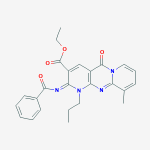 molecular formula C25H24N4O4 B356840 Ethyl 6-benzoylimino-11-methyl-2-oxo-7-propyl-1,7,9-triazatricyclo[8.4.0.03,8]tetradeca-3(8),4,9,11,13-pentaene-5-carboxylate CAS No. 847163-32-0