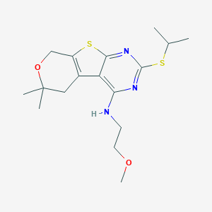 molecular formula C17H25N3O2S2 B356841 N-(2-Methoxyethyl)-12,12-dimethyl-5-propan-2-ylsulfanyl-11-oxa-8-thia-4,6-diazatricyclo[7.4.0.02,7]trideca-1(9),2,4,6-tetraen-3-amine CAS No. 847176-71-0