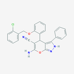 molecular formula C26H19ClN4O2 B356999 6-Amino-4-{2-[(2-chlorobenzyl)oxy]phenyl}-3-phenyl-1,4-dihydropyrano[2,3-c]pyrazole-5-carbonitrile CAS No. 767299-82-1