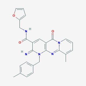 molecular formula C26H23N5O3 B357052 N-(Furan-2-ylmethyl)-6-imino-11-methyl-7-[(4-methylphenyl)methyl]-2-oxo-1,7,9-triazatricyclo[8.4.0.03,8]tetradeca-3(8),4,9,11,13-pentaene-5-carboxamide CAS No. 587012-81-5