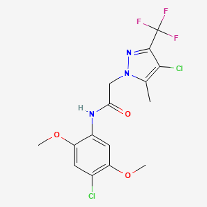 molecular formula C15H14Cl2F3N3O3 B3572050 N-(4-chloro-2,5-dimethoxyphenyl)-2-[4-chloro-5-methyl-3-(trifluoromethyl)-1H-pyrazol-1-yl]acetamide CAS No. 5815-53-2