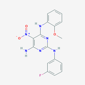 molecular formula C17H15FN6O3 B357206 N2-(3-fluorophenyl)-N4-(2-methoxyphenyl)-5-nitropyrimidine-2,4,6-triamine CAS No. 714244-12-9