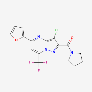 molecular formula C16H12ClF3N4O2 B3572076 3-chloro-5-(2-furyl)-2-(1-pyrrolidinylcarbonyl)-7-(trifluoromethyl)pyrazolo[1,5-a]pyrimidine 