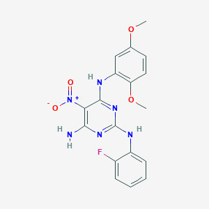 molecular formula C18H17FN6O4 B357209 N~4~-(2,5-dimethoxyphenyl)-N~2~-(2-fluorophenyl)-5-nitro-2,4,6-pyrimidinetriamine CAS No. 713126-69-3