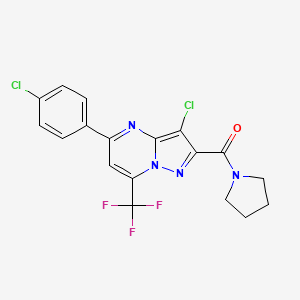 molecular formula C18H13Cl2F3N4O B3572104 3-chloro-5-(4-chlorophenyl)-2-(1-pyrrolidinylcarbonyl)-7-(trifluoromethyl)pyrazolo[1,5-a]pyrimidine 