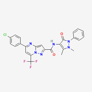 molecular formula C25H18ClF3N6O2 B3572195 5-(4-chlorophenyl)-N-(1,5-dimethyl-3-oxo-2-phenyl-2,3-dihydro-1H-pyrazol-4-yl)-7-(trifluoromethyl)pyrazolo[1,5-a]pyrimidine-2-carboxamide 