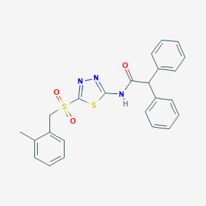 molecular formula C24H21N3O3S2 B357462 N-{5-[(2-methylbenzyl)sulfonyl]-1,3,4-thiadiazol-2-yl}-2,2-diphenylacetamide CAS No. 912891-04-4