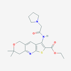 molecular formula C21H27N3O4S B357482 Ethyl 12,12-dimethyl-6-[(2-pyrrolidin-1-ylacetyl)amino]-11-oxa-4-thia-2-azatricyclo[7.4.0.03,7]trideca-1,3(7),5,8-tetraene-5-carboxylate CAS No. 921159-30-0