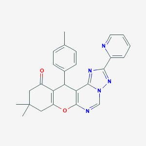 molecular formula C26H23N5O2 B357519 9,9-dimethyl-12-(4-methylphenyl)-2-(2-pyridinyl)-8,9,10,12-tetrahydro-11H-chromeno[3,2-e][1,2,4]triazolo[1,5-c]pyrimidin-11-one CAS No. 904262-95-9