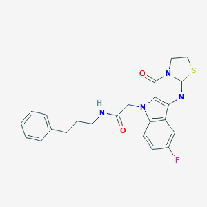 molecular formula C23H21FN4O2S B357532 2-(9-fluoro-5-oxo-2,3-dihydro[1,3]thiazolo[3',2':1,2]pyrimido[5,4-b]indol-6(5H)-yl)-N-(3-phenylpropyl)acetamide CAS No. 898926-27-7