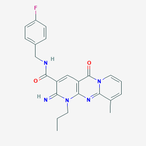 molecular formula C23H22FN5O2 B357644 N-[(4-Fluorophenyl)methyl]-6-imino-11-methyl-2-oxo-7-propyl-1,7,9-triazatricyclo[8.4.0.03,8]tetradeca-3(8),4,9,11,13-pentaene-5-carboxamide CAS No. 844454-27-9