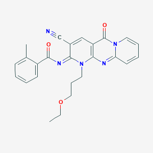 molecular formula C25H23N5O3 B357647 N-[5-Cyano-7-(3-ethoxypropyl)-2-oxo-1,7,9-triazatricyclo[8.4.0.03,8]tetradeca-3(8),4,9,11,13-pentaen-6-ylidene]-2-methylbenzamide CAS No. 844455-09-0