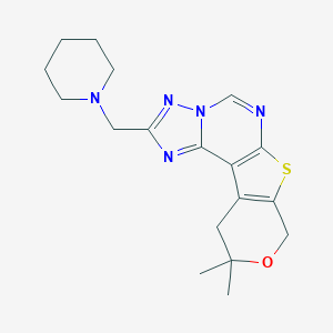 molecular formula C18H23N5OS B357669 10,10-dimethyl-2-(1-piperidinylmethyl)-10,11-dihydro-8H-pyrano[4',3':4,5]thieno[3,2-e][1,2,4]triazolo[1,5-c]pyrimidine CAS No. 898622-55-4