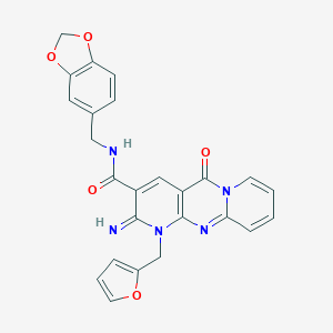 molecular formula C25H19N5O5 B357674 N-(1,3-Benzodioxol-5-ylmethyl)-7-(furan-2-ylmethyl)-6-imino-2-oxo-1,7,9-triazatricyclo[8.4.0.03,8]tetradeca-3(8),4,9,11,13-pentaene-5-carboxamide CAS No. 845637-89-0