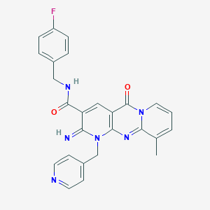 molecular formula C26H21FN6O2 B357711 N-[(4-Fluorophenyl)methyl]-6-imino-11-methyl-2-oxo-7-(pyridin-4-ylmethyl)-1,7,9-triazatricyclo[8.4.0.03,8]tetradeca-3(8),4,9,11,13-pentaene-5-carboxamide CAS No. 846589-08-0