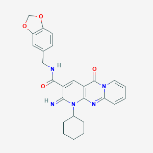 N-(1,3-Benzodioxol-5-ylmethyl)-7-cyclohexyl-6-imino-2-oxo-1,7,9-triazatricyclo[8.4.0.03,8]tetradeca-3(8),4,9,11,13-pentaene-5-carboxamide