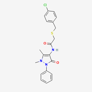 molecular formula C20H20ClN3O2S B3577358 2-[(4-chlorophenyl)methylsulfanyl]-N-(1,5-dimethyl-3-oxo-2-phenylpyrazol-4-yl)acetamide 