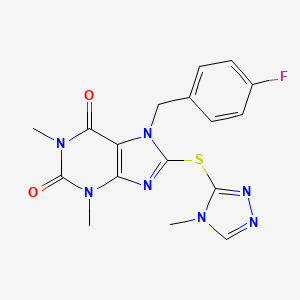 molecular formula C17H16FN7O2S B3577601 7-[(4-fluorophenyl)methyl]-1,3-dimethyl-8-[(4-methyl-1,2,4-triazol-3-yl)sulfanyl]purine-2,6-dione 