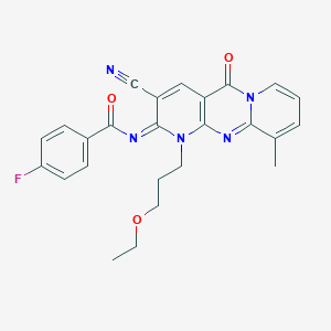 molecular formula C25H22FN5O3 B357838 N-[5-Cyano-7-(3-ethoxypropyl)-11-methyl-2-oxo-1,7,9-triazatricyclo[8.4.0.03,8]tetradeca-3(8),4,9,11,13-pentaen-6-ylidene]-4-fluorobenzamide CAS No. 848057-95-4