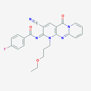 B357892 N-[5-Cyano-7-(3-ethoxypropyl)-2-oxo-1,7,9-triazatricyclo[8.4.0.03,8]tetradeca-3(8),4,9,11,13-pentaen-6-ylidene]-4-fluorobenzamide CAS No. 848766-51-8