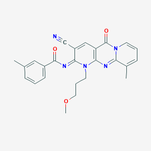 molecular formula C25H23N5O3 B357913 N-[5-Cyano-7-(3-methoxypropyl)-11-methyl-2-oxo-1,7,9-triazatricyclo[8.4.0.03,8]tetradeca-3(8),4,9,11,13-pentaen-6-ylidene]-3-methylbenzamide CAS No. 840517-45-5