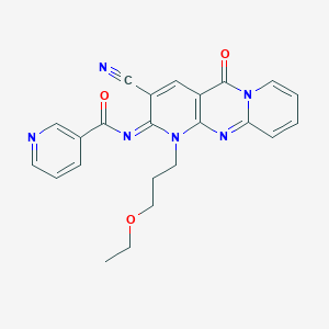 molecular formula C23H20N6O3 B357954 N-[5-Cyano-7-(3-ethoxypropyl)-2-oxo-1,7,9-triazatricyclo[8.4.0.03,8]tetradeca-3(8),4,9,11,13-pentaen-6-ylidene]pyridine-3-carboxamide CAS No. 848918-96-7