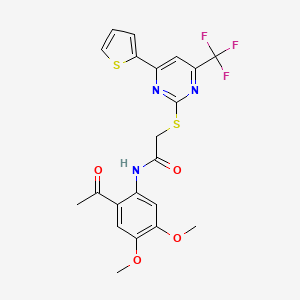 molecular formula C21H18F3N3O4S2 B3579754 N-(2-acetyl-4,5-dimethoxyphenyl)-2-{[4-(thiophen-2-yl)-6-(trifluoromethyl)pyrimidin-2-yl]sulfanyl}acetamide 