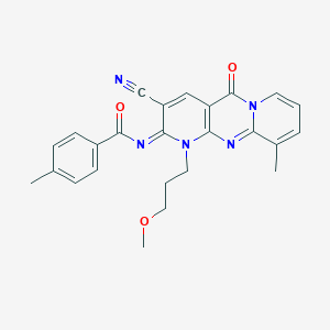 molecular formula C25H23N5O3 B357983 N-[5-Cyano-7-(3-methoxypropyl)-11-methyl-2-oxo-1,7,9-triazatricyclo[8.4.0.03,8]tetradeca-3(8),4,9,11,13-pentaen-6-ylidene]-4-methylbenzamide CAS No. 578761-05-4