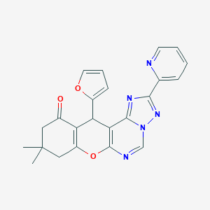 molecular formula C23H19N5O3 B357988 12-(2-furyl)-9,9-dimethyl-2-(2-pyridinyl)-8,9,10,12-tetrahydro-11H-chromeno[3,2-e][1,2,4]triazolo[1,5-c]pyrimidin-11-one CAS No. 879575-94-7