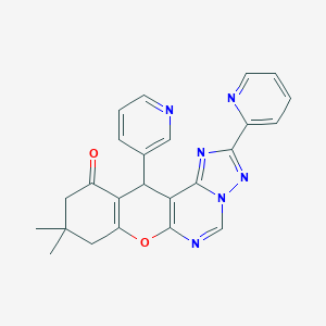 molecular formula C24H20N6O2 B358003 9,9-dimethyl-2-(2-pyridinyl)-12-(3-pyridinyl)-8,9,10,12-tetrahydro-11H-chromeno[3,2-e][1,2,4]triazolo[1,5-c]pyrimidin-11-one CAS No. 902017-74-7