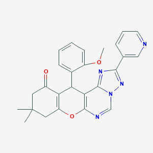 molecular formula C26H23N5O3 B358017 12-(2-methoxyphenyl)-9,9-dimethyl-2-(3-pyridinyl)-8,9,10,12-tetrahydro-11H-chromeno[3,2-e][1,2,4]triazolo[1,5-c]pyrimidin-11-one CAS No. 902320-93-8