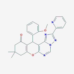 molecular formula C26H23N5O3 B358037 12-(2-methoxyphenyl)-9,9-dimethyl-2-(2-pyridinyl)-8,9,10,12-tetrahydro-11H-chromeno[3,2-e][1,2,4]triazolo[1,5-c]pyrimidin-11-one CAS No. 902308-95-6