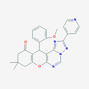 molecular formula C26H23N5O3 B358039 12-(2-methoxyphenyl)-9,9-dimethyl-2-(4-pyridinyl)-8,9,10,12-tetrahydro-11H-chromeno[3,2-e][1,2,4]triazolo[1,5-c]pyrimidin-11-one CAS No. 902316-23-8