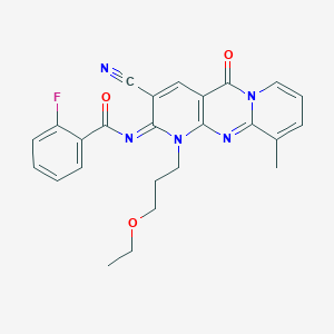 molecular formula C25H22FN5O3 B358045 N-[5-Cyano-7-(3-ethoxypropyl)-11-methyl-2-oxo-1,7,9-triazatricyclo[8.4.0.03,8]tetradeca-3(8),4,9,11,13-pentaen-6-ylidene]-2-fluorobenzamide CAS No. 844825-66-7