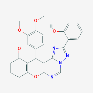 molecular formula C26H22N4O5 B358052 12-(3,4-dimethoxyphenyl)-2-(2-hydroxyphenyl)-8,9,10,12-tetrahydro-11H-chromeno[3,2-e][1,2,4]triazolo[1,5-c]pyrimidin-11-one CAS No. 902315-96-2