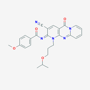 molecular formula C26H25N5O4 B358095 N-[5-Cyano-2-oxo-7-(3-propan-2-yloxypropyl)-1,7,9-triazatricyclo[8.4.0.03,8]tetradeca-3(8),4,9,11,13-pentaen-6-ylidene]-4-methoxybenzamide CAS No. 845805-51-8