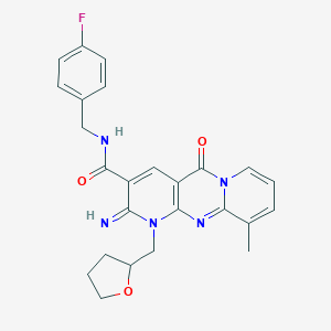 molecular formula C25H24FN5O3 B358105 N-[(4-Fluorophenyl)methyl]-6-imino-11-methyl-2-oxo-7-(oxolan-2-ylmethyl)-1,7,9-triazatricyclo[8.4.0.03,8]tetradeca-3(8),4,9,11,13-pentaene-5-carboxamide CAS No. 846065-33-6