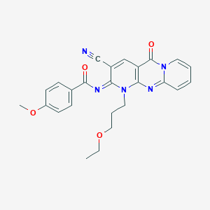 molecular formula C25H23N5O4 B358106 N-[5-Cyano-7-(3-ethoxypropyl)-2-oxo-1,7,9-triazatricyclo[8.4.0.03,8]tetradeca-3(8),4,9,11,13-pentaen-6-ylidene]-4-methoxybenzamide CAS No. 845984-94-3