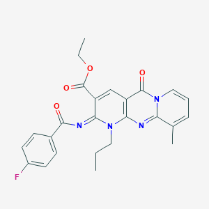Ethyl 6-(4-fluorobenzoyl)imino-11-methyl-2-oxo-7-propyl-1,7,9-triazatricyclo[8.4.0.03,8]tetradeca-3(8),4,9,11,13-pentaene-5-carboxylate