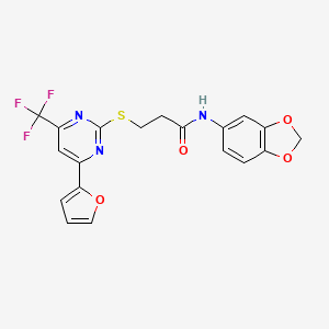 molecular formula C19H14F3N3O4S B3581249 N-1,3-benzodioxol-5-yl-3-{[4-(2-furyl)-6-(trifluoromethyl)-2-pyrimidinyl]thio}propanamide 