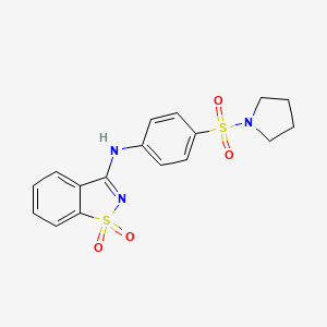 molecular formula C17H17N3O4S2 B3581342 3-[4-(1-PYRROLIDINYLSULFONYL)ANILINO]-1H-1,2-BENZISOTHIAZOLE-1,1-DIONE 