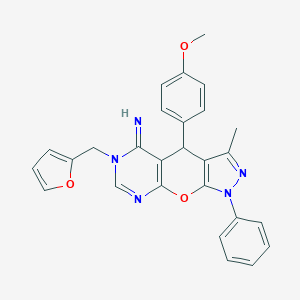 11-(furan-2-ylmethyl)-8-(4-methoxyphenyl)-6-methyl-4-phenyl-2-oxa-4,5,11,13-tetrazatricyclo[7.4.0.03,7]trideca-1(9),3(7),5,12-tetraen-10-imine