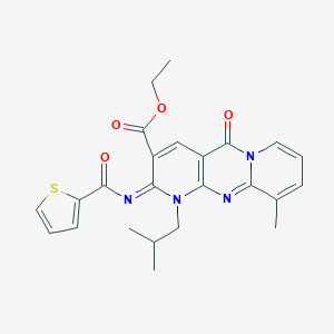 molecular formula C24H24N4O4S B358139 Ethyl 11-methyl-7-(2-methylpropyl)-2-oxo-6-(thiophene-2-carbonylimino)-1,7,9-triazatricyclo[8.4.0.03,8]tetradeca-3(8),4,9,11,13-pentaene-5-carboxylate CAS No. 846587-80-2