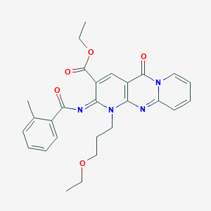 Ethyl 7-(3-ethoxypropyl)-6-(2-methylbenzoyl)imino-2-oxo-1,7,9-triazatricyclo[8.4.0.03,8]tetradeca-3(8),4,9,11,13-pentaene-5-carboxylate