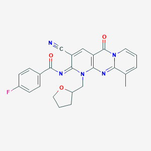N-[5-Cyano-11-methyl-2-oxo-7-(oxolan-2-ylmethyl)-1,7,9-triazatricyclo[8.4.0.03,8]tetradeca-3(8),4,9,11,13-pentaen-6-ylidene]-4-fluorobenzamide