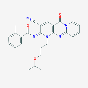 molecular formula C26H25N5O3 B358159 N-[5-Cyano-2-oxo-7-(3-propan-2-yloxypropyl)-1,7,9-triazatricyclo[8.4.0.03,8]tetradeca-3(8),4,9,11,13-pentaen-6-ylidene]-2-methylbenzamide CAS No. 847368-29-0