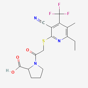 molecular formula C17H18F3N3O3S B3583849 1-[2-[3-Cyano-6-ethyl-5-methyl-4-(trifluoromethyl)pyridin-2-yl]sulfanylacetyl]pyrrolidine-2-carboxylic acid 